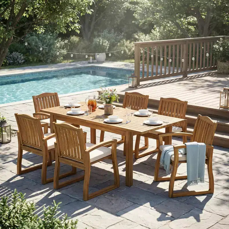 Christopher Knight Home Soren Modern 7 Piece Patio Acacia Dining Set with Expandable Slatted Table and Cushion