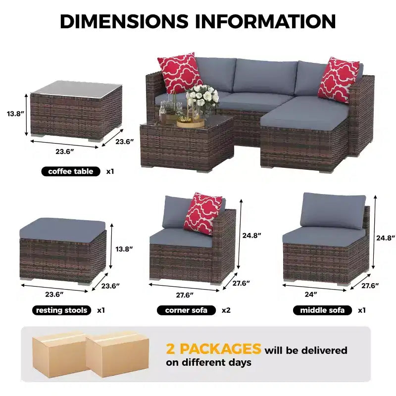 Set da 5 pezzi di mobili da giardino, Set da giardino per tutte le stagioni - Divano componibile in vimini PE con tavolo in vetro temperato, Mobili modulari da esterno per bordi piscina, Marrone