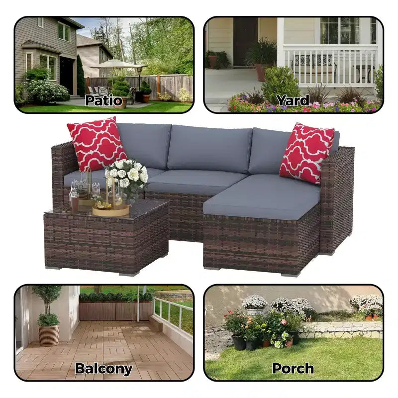 Set da 5 pezzi di mobili da giardino, Set da giardino per tutte le stagioni - Divano componibile in vimini PE con tavolo in vetro temperato, Mobili modulari da esterno per bordi piscina, Marrone