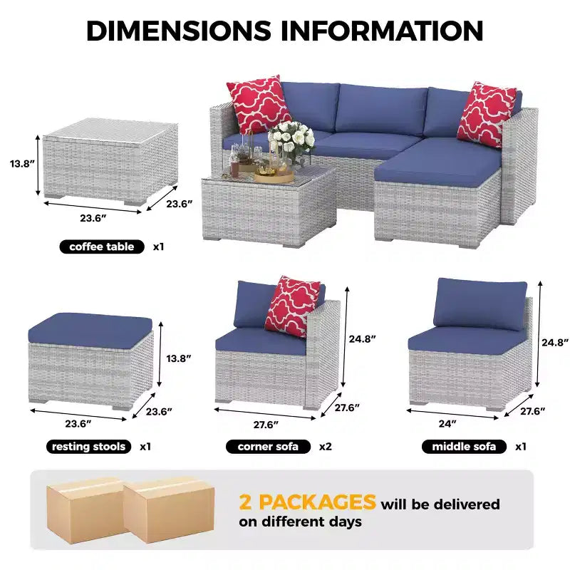 Set da 5 pezzi di mobili da giardino, Set da giardino per tutte le stagioni - Divano componibile in vimini PE con tavolo in vetro temperato, Mobili modulari da esterno per bordi piscina, Marrone