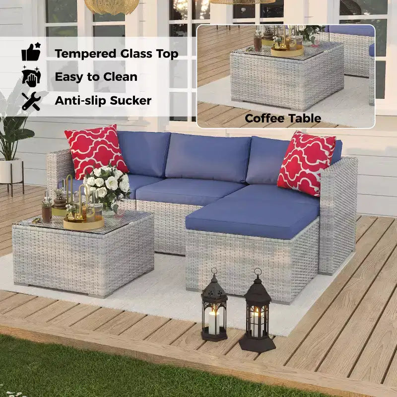 Set da 5 pezzi di mobili da giardino, Set da giardino per tutte le stagioni - Divano componibile in vimini PE con tavolo in vetro temperato, Mobili modulari da esterno per bordi piscina, Marrone