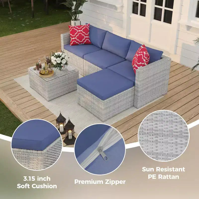 Set da 5 pezzi di mobili da giardino, Set da giardino per tutte le stagioni - Divano componibile in vimini PE con tavolo in vetro temperato, Mobili modulari da esterno per bordi piscina, Marrone