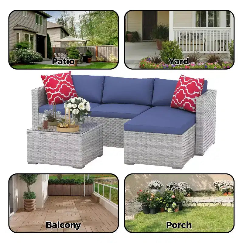 Set da 5 pezzi di mobili da giardino, Set da giardino per tutte le stagioni - Divano componibile in vimini PE con tavolo in vetro temperato, Mobili modulari da esterno per bordi piscina, Marrone
