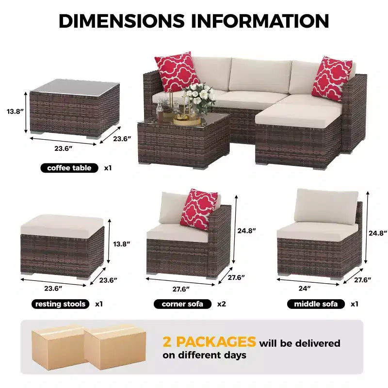 Set da 5 pezzi di mobili da giardino, Set da giardino per tutte le stagioni - Divano componibile in vimini PE con tavolo in vetro temperato, Mobili modulari da esterno per bordi piscina, Marrone