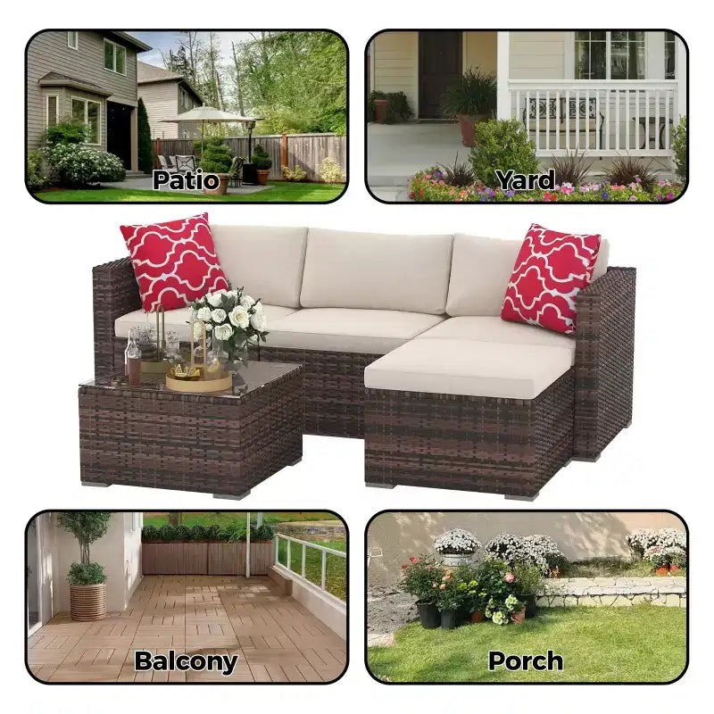 Set da 5 pezzi di mobili da giardino, Set da giardino per tutte le stagioni - Divano componibile in vimini PE con tavolo in vetro temperato, Mobili modulari da esterno per bordi piscina, Marrone