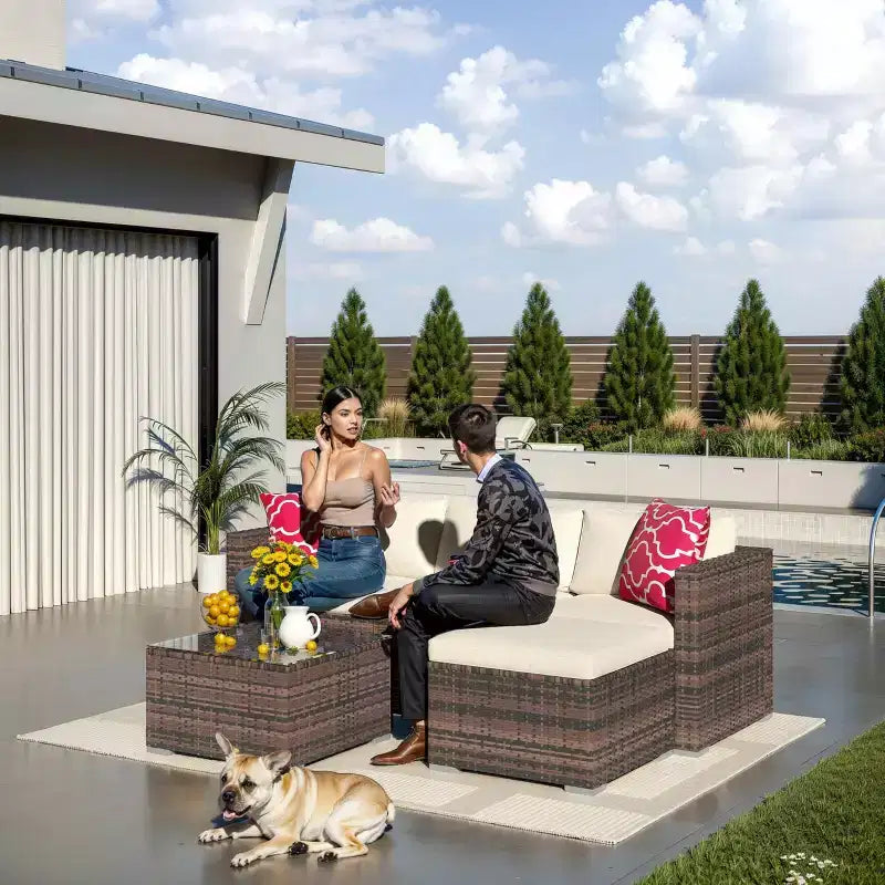 Set da 5 pezzi di mobili da giardino, Set da giardino per tutte le stagioni - Divano componibile in vimini PE con tavolo in vetro temperato, Mobili modulari da esterno per bordi piscina, Marrone