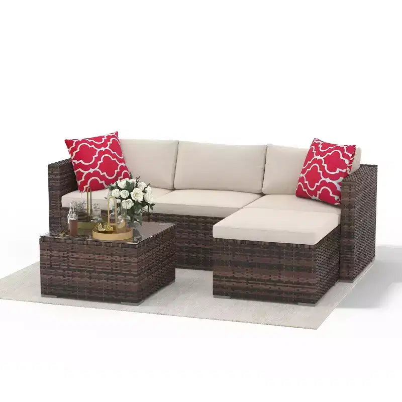 5-Piece Patio Furniture Set, All-Weather Patio Set - PE Wicker Sectional with Tempered Glass Table, Modular Outdoor Furniture for Pool Decks, Brown