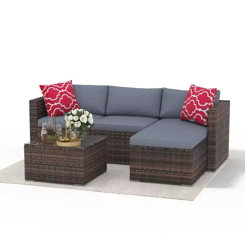 5-teiliges Gartenmöbel-Set, wetterfestes Garten-Set - PE-Rattan-Sitzgruppe mit Tischplatte aus gehärtetem Glas, modulares Outdoor-Möbelset für Poolterrassen, Braun