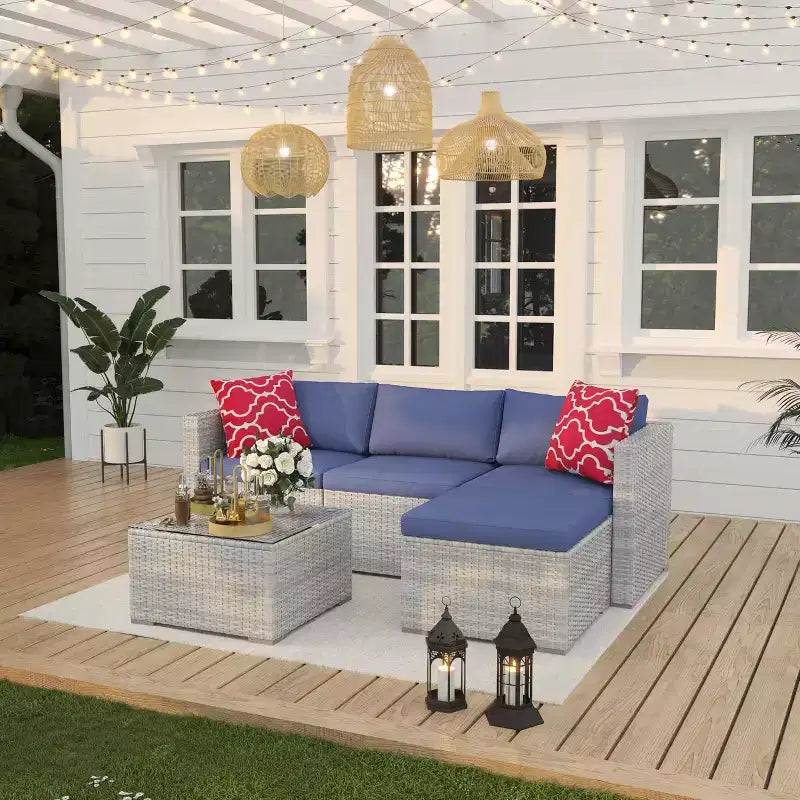 5-teiliges Gartenmöbel-Set, wetterfestes Garten-Set - PE-Rattan-Sitzgruppe mit Tischplatte aus gehärtetem Glas, modulares Outdoor-Möbelset für Poolterrassen, Braun