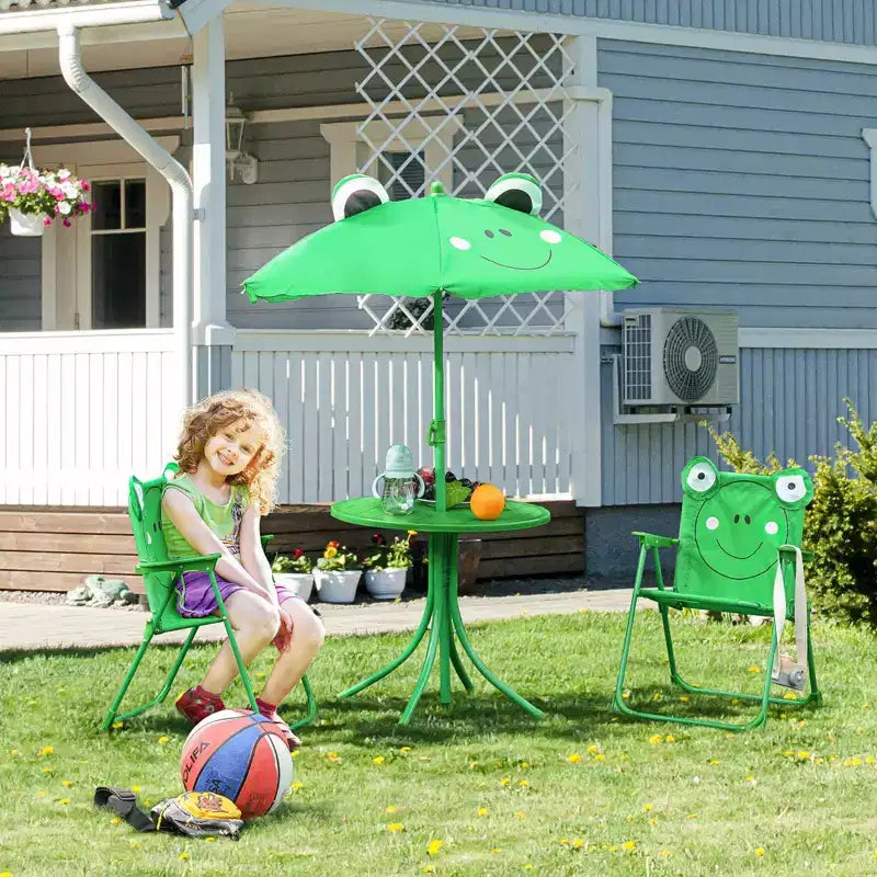 Tavolo da picnic pieghevole per bambini da esterno e set di sedie con ombrellone, 4 pezzi, verde