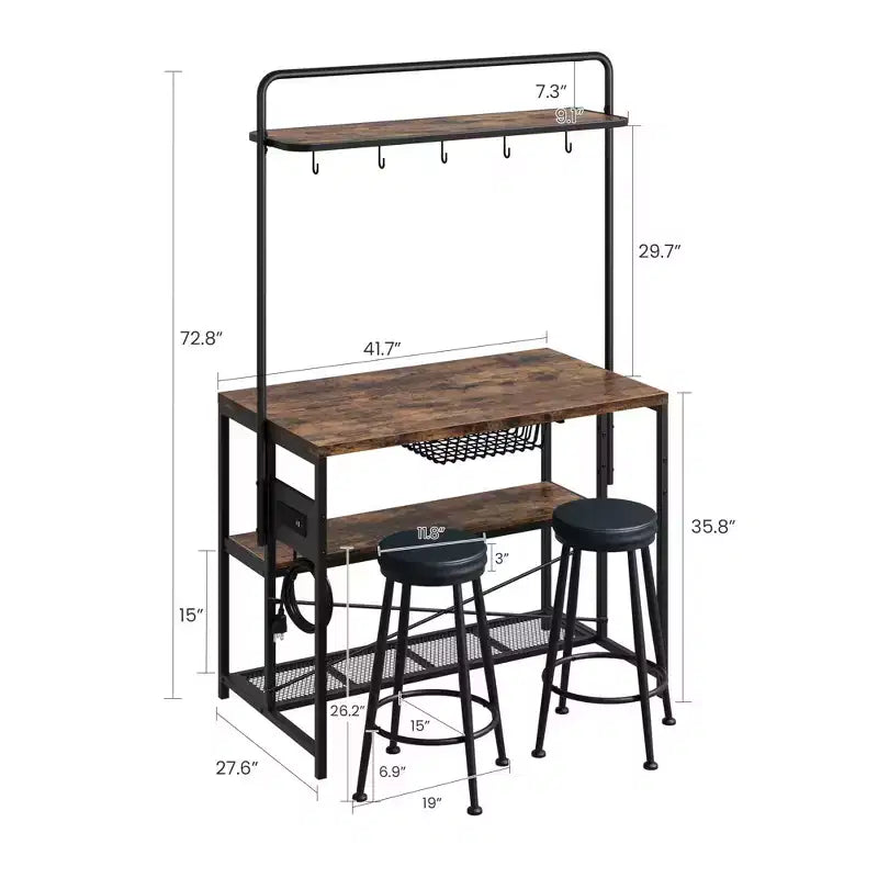 Tavolo da pranzo a isola da cucina industriale con presa di corrente, tavolo da 106 cm, ripiani portaoggetti, 2 sgabelli da bar, 5 ganci, supporto per microonde, angolo caffè