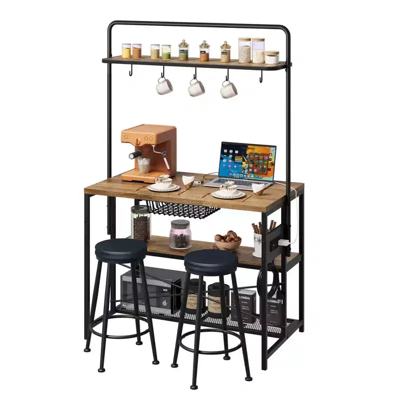 Tavolo da pranzo a isola da cucina industriale con presa di corrente, tavolo da 106 cm, ripiani portaoggetti, 2 sgabelli da bar, 5 ganci, supporto per microonde, angolo caffè