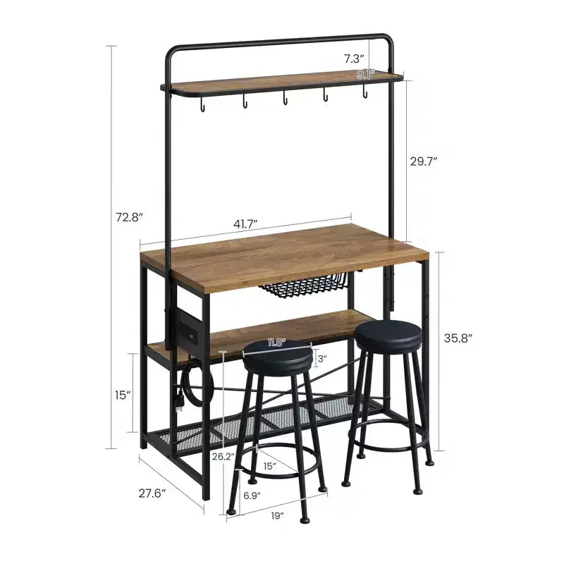 Tavolo da pranzo a isola da cucina industriale con presa di corrente, tavolo da 106 cm, ripiani portaoggetti, 2 sgabelli da bar, 5 ganci, supporto per microonde, angolo caffè