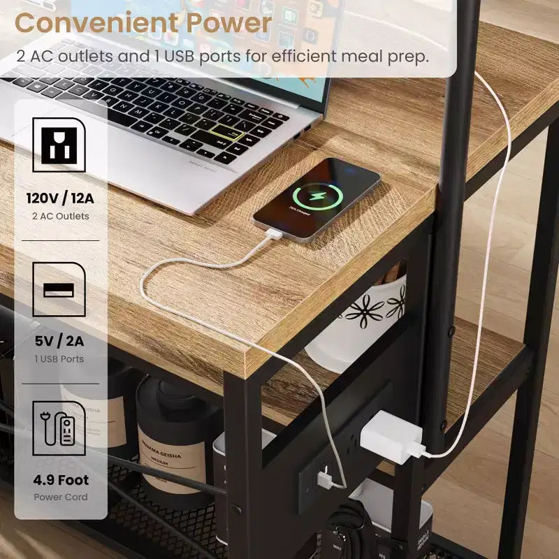 Tavolo da pranzo a isola da cucina industriale con presa di corrente, tavolo da 106 cm, ripiani portaoggetti, 2 sgabelli da bar, 5 ganci, supporto per microonde, angolo caffè