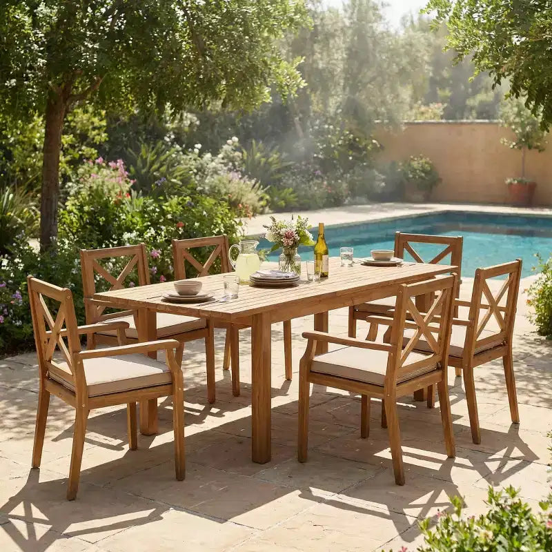 7-teiliges Esszimmer-Set für die Terrasse, ausziehbarer Esstisch aus Akazienholz mit 6 gepolsterten Stühlen, Gartenmöbel für den Hinterhof-Panipeachy