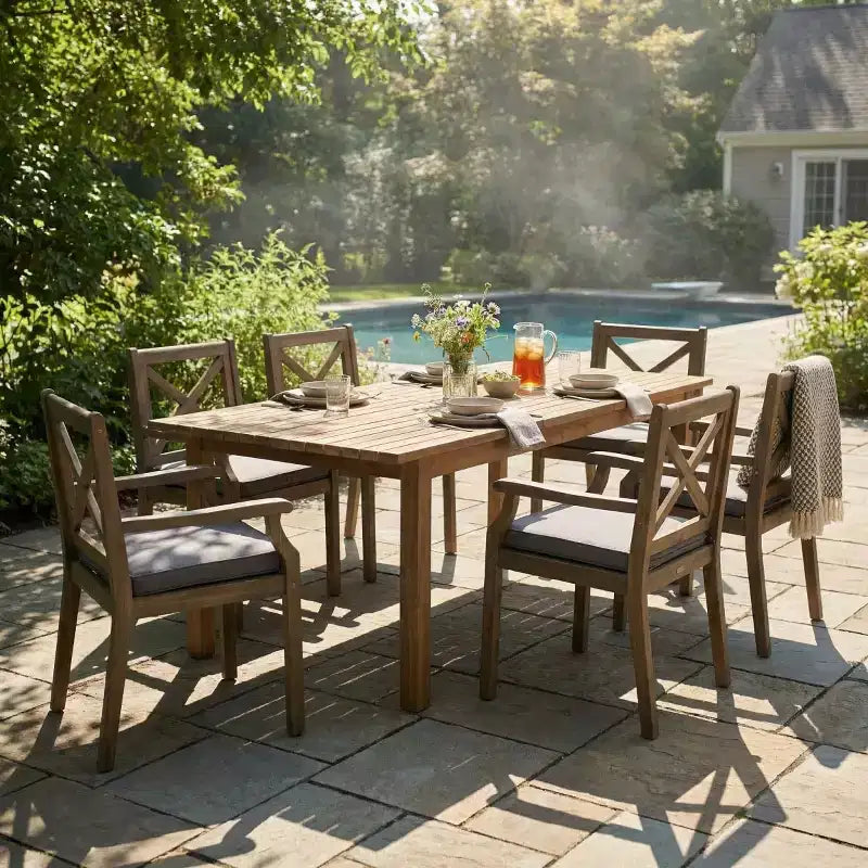 7-teiliges Esszimmer-Set für die Terrasse, ausziehbarer Esstisch aus Akazienholz mit 6 gepolsterten Stühlen, Gartenmöbel für den Hinterhof-Panipeachy