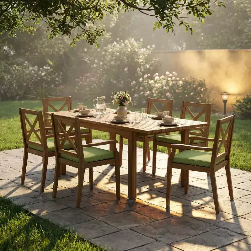 7-teiliges Esszimmer-Set für die Terrasse, ausziehbarer Esstisch aus Akazienholz mit 6 gepolsterten Stühlen, Gartenmöbel für den Hinterhof-Panipeachy