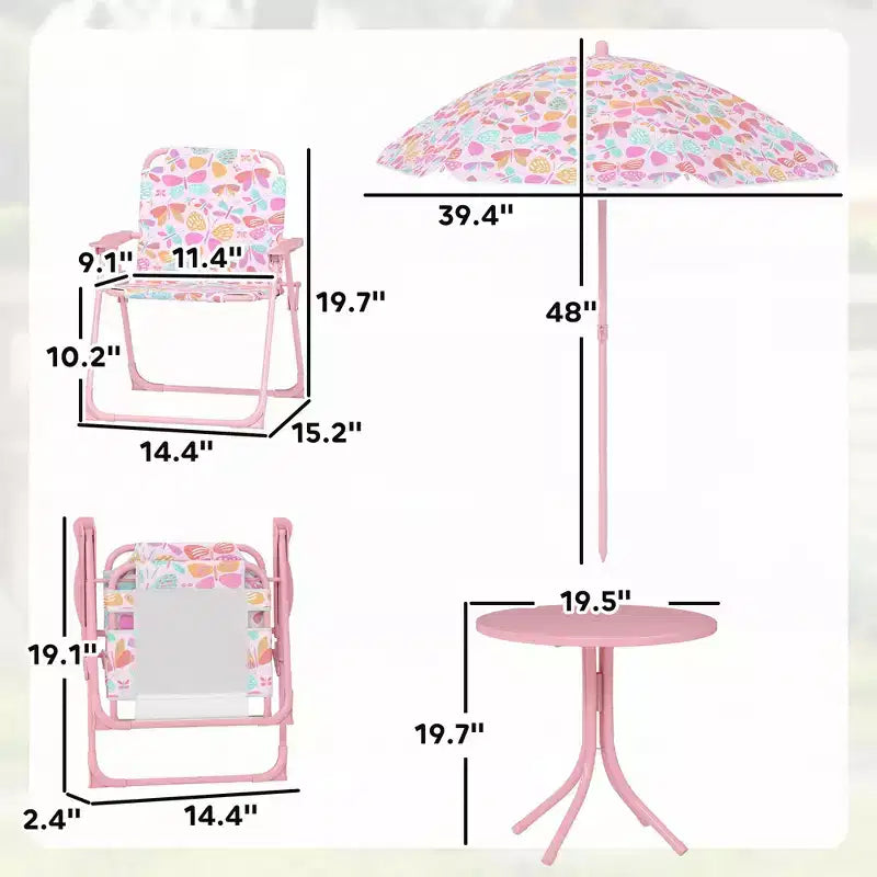 Set Tavolo e Sedie da Picnic per Bambini con Ombrellone a Farfalla 3 Pezzi Rosa