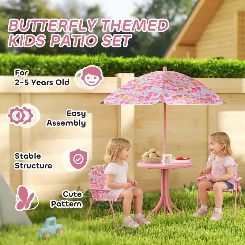 Set Tavolo e Sedie da Picnic per Bambini con Ombrellone a Farfalla 3 Pezzi Rosa