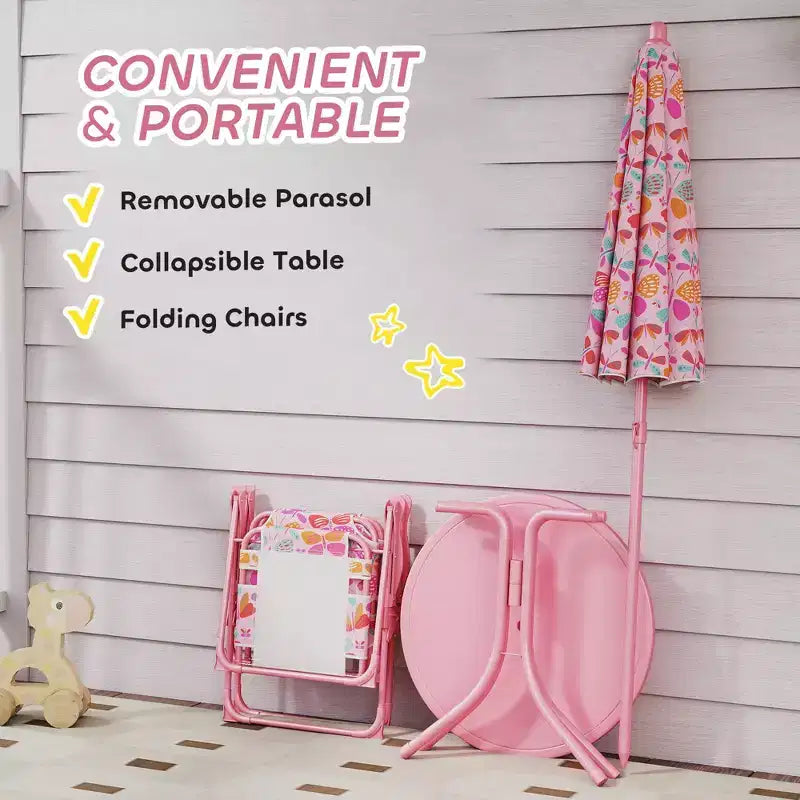 Set Tavolo e Sedie da Picnic per Bambini con Ombrellone a Farfalla 3 Pezzi Rosa