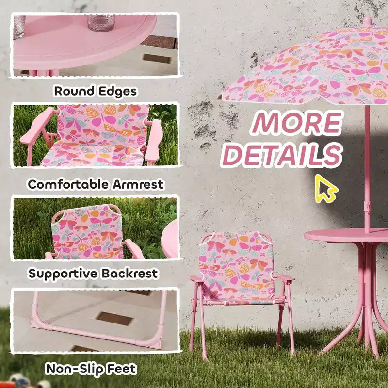 Set Tavolo e Sedie da Picnic per Bambini con Ombrellone a Farfalla 3 Pezzi Rosa