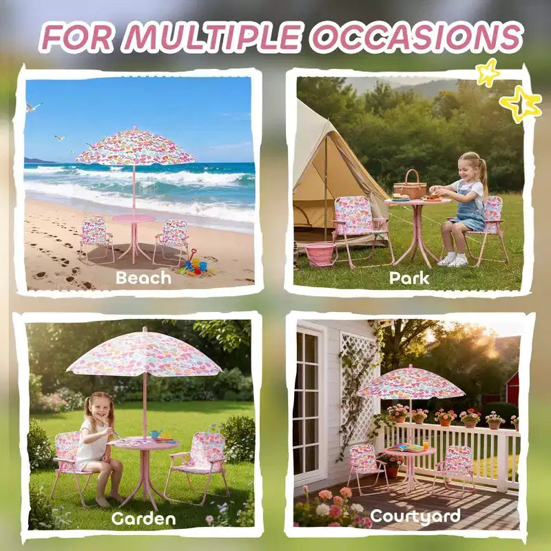Set Tavolo e Sedie da Picnic per Bambini con Ombrellone a Farfalla 3 Pezzi Rosa