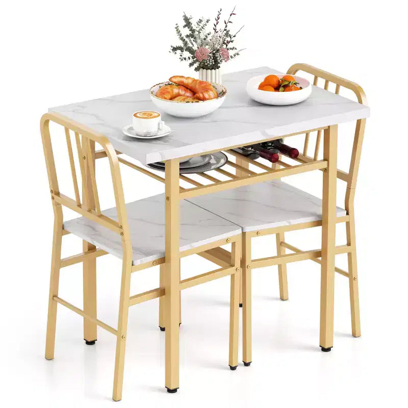 Costway Set 3 Pezzi Tavolo da Pranzo Rettangolare e Sedie Angolo Colazione in Legno con Scaffale di Stoccaggio
