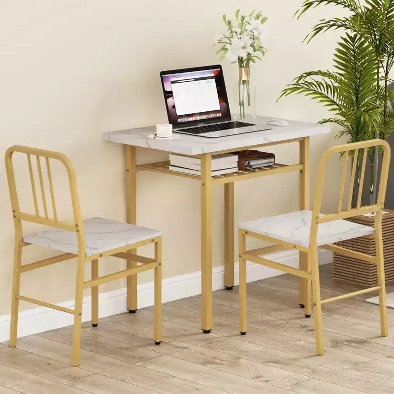 Costway Set 3 Pezzi Tavolo da Pranzo Rettangolare e Sedie Angolo Colazione in Legno con Scaffale di Stoccaggio