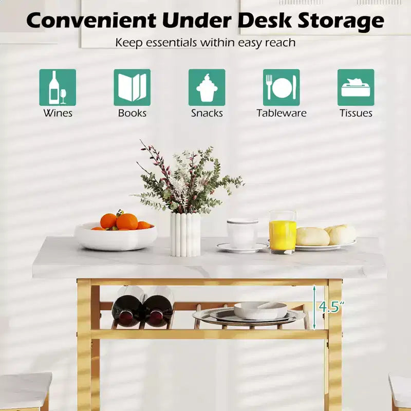 Costway Set 3 Pezzi Tavolo da Pranzo Rettangolare e Sedie Angolo Colazione in Legno con Scaffale di Stoccaggio