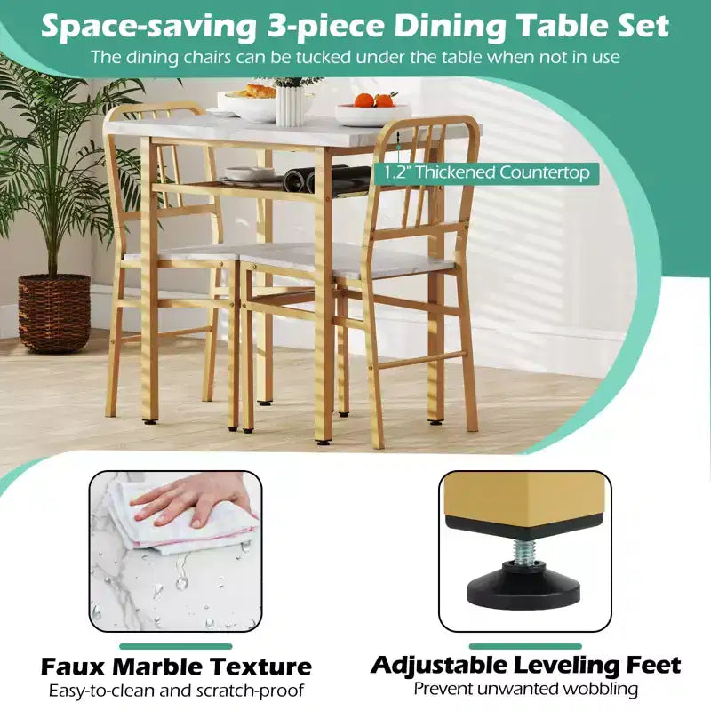 Costway Set 3 Pezzi Tavolo da Pranzo Rettangolare e Sedie Angolo Colazione in Legno con Scaffale di Stoccaggio