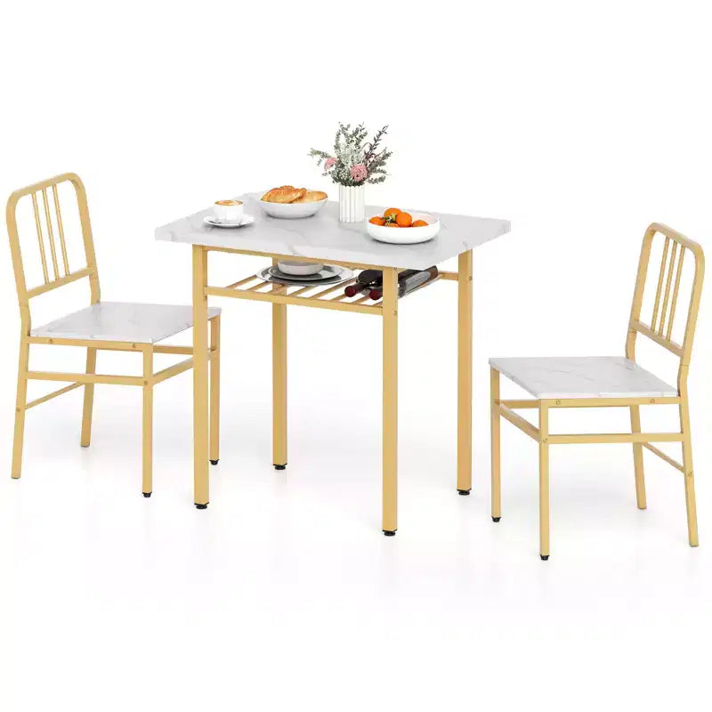 Costway Set 3 Pezzi Tavolo da Pranzo Rettangolare e Sedie Angolo Colazione in Legno con Scaffale di Stoccaggio