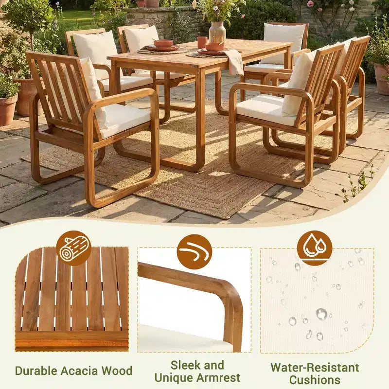 Set da pranzo da esterno Polibi a 7 pezzi in acacia con poltrone a bracciolo scolpite a cerchio