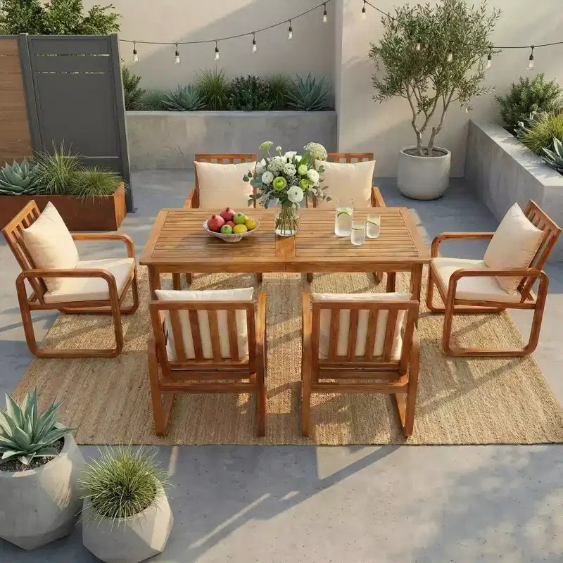 Set da pranzo da esterno Polibi a 7 pezzi in acacia con poltrone a bracciolo scolpite a cerchio