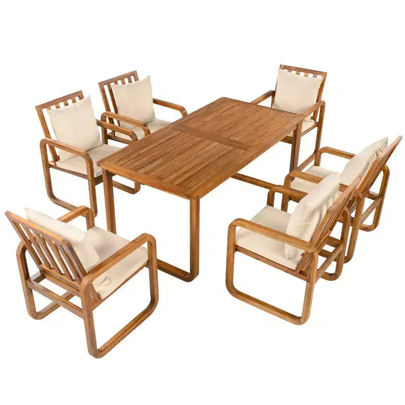 Set da pranzo da esterno Polibi a 7 pezzi in acacia con poltrone a bracciolo scolpite a cerchio