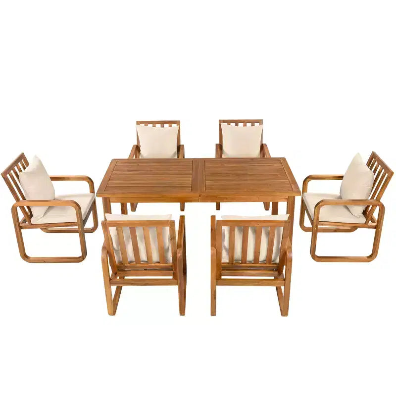 Set da pranzo da esterno Polibi a 7 pezzi in acacia con poltrone a bracciolo scolpite a cerchio
