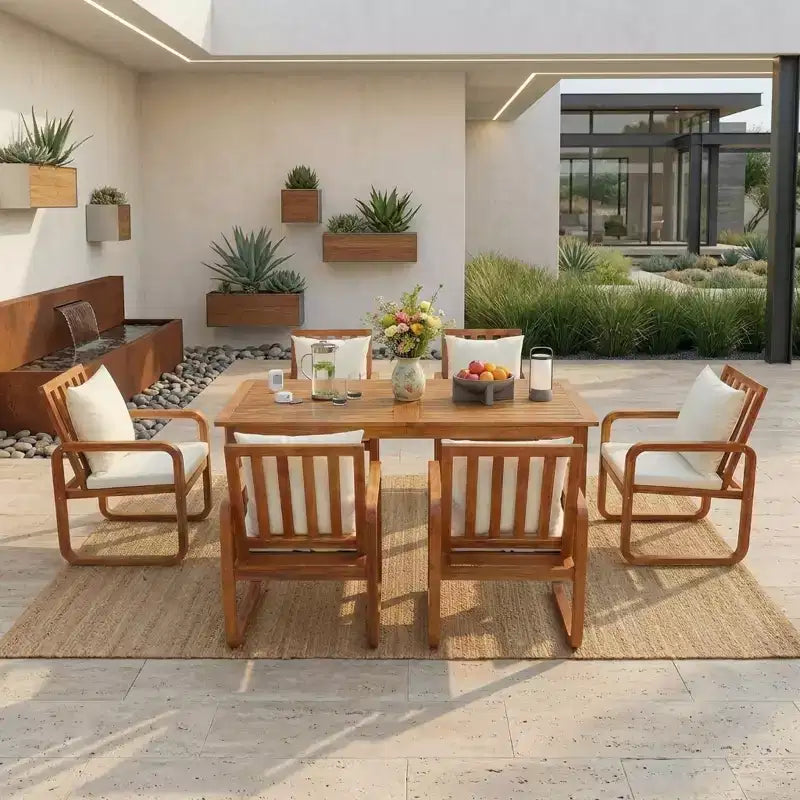 Set da pranzo da esterno Polibi a 7 pezzi in acacia con poltrone a bracciolo scolpite a cerchio