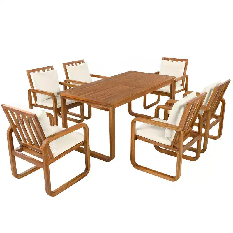 Set da pranzo da esterno Polibi a 7 pezzi in acacia con poltrone a bracciolo scolpite a cerchio
