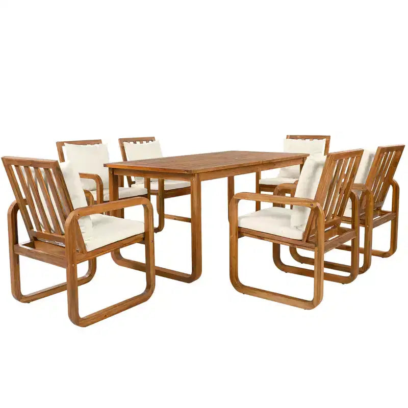 Set da pranzo da esterno Polibi a 7 pezzi in acacia con poltrone a bracciolo scolpite a cerchio