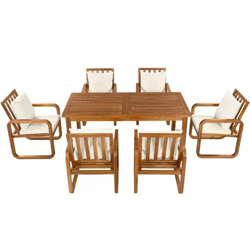 Set da pranzo da esterno Polibi a 7 pezzi in acacia con poltrone a bracciolo scolpite a cerchio