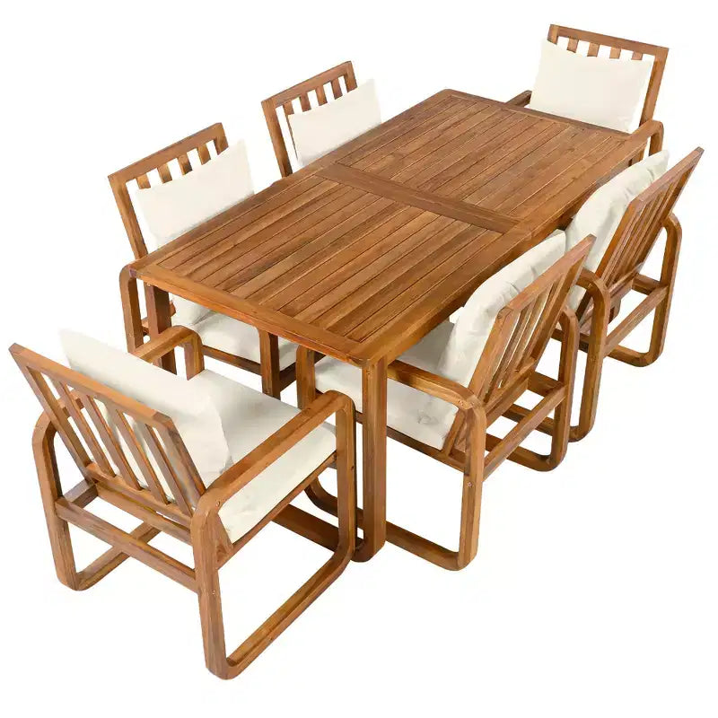 Set da pranzo da esterno Polibi a 7 pezzi in acacia con poltrone a bracciolo scolpite a cerchio