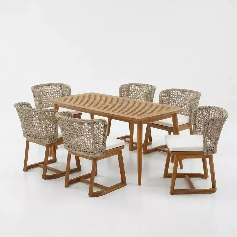 Christopher Knight Home Hruni - Set da pranzo moderno da 7 pezzi per patio, in acacia, con tavolo a doghe e schienale in vimini