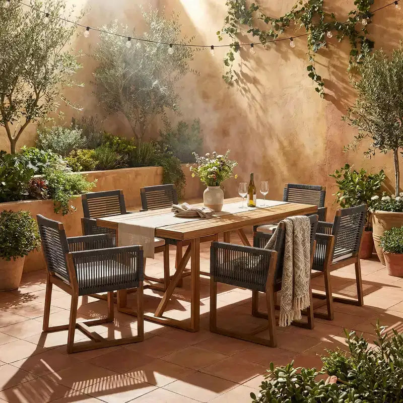 Set da pranzo da 7 pezzi da esterno Thrinot Modern di Christopher Knight Home in acacia con tavolo a doghe e design in corda
