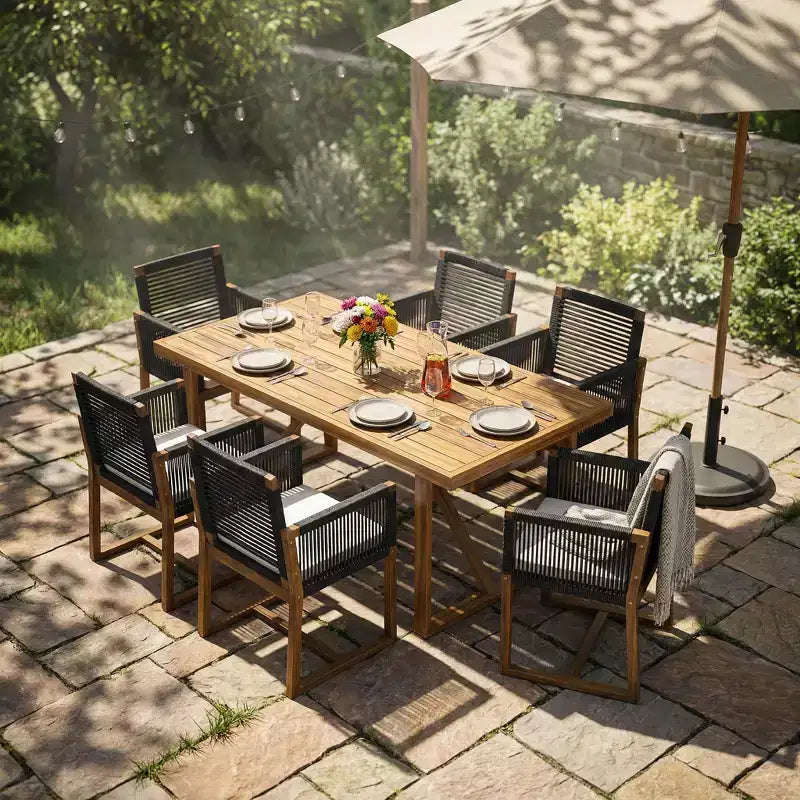 Christopher Knight Home Thrinot Modern 7 Piece Patio Acacia Dining Set with Slatted Table and Rope Design
