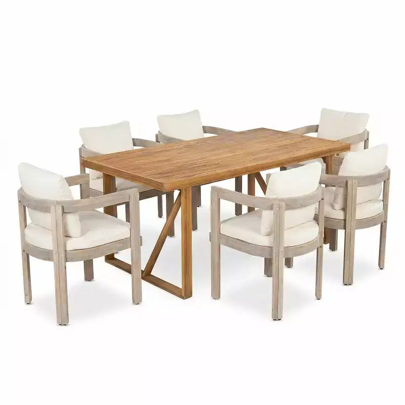 Christopher Knight Home Gruneo Set da pranzo moderno da 7 pezzi da esterni in acacia con cuscini e design a doghe