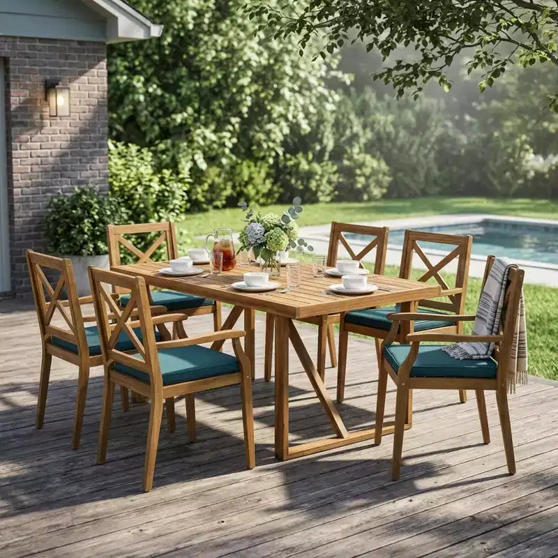 Christopher Knight Home Perla Set da Pranzo Rustico da Giardino 7 Pezzi in Legno di Acacia con Cuscini
