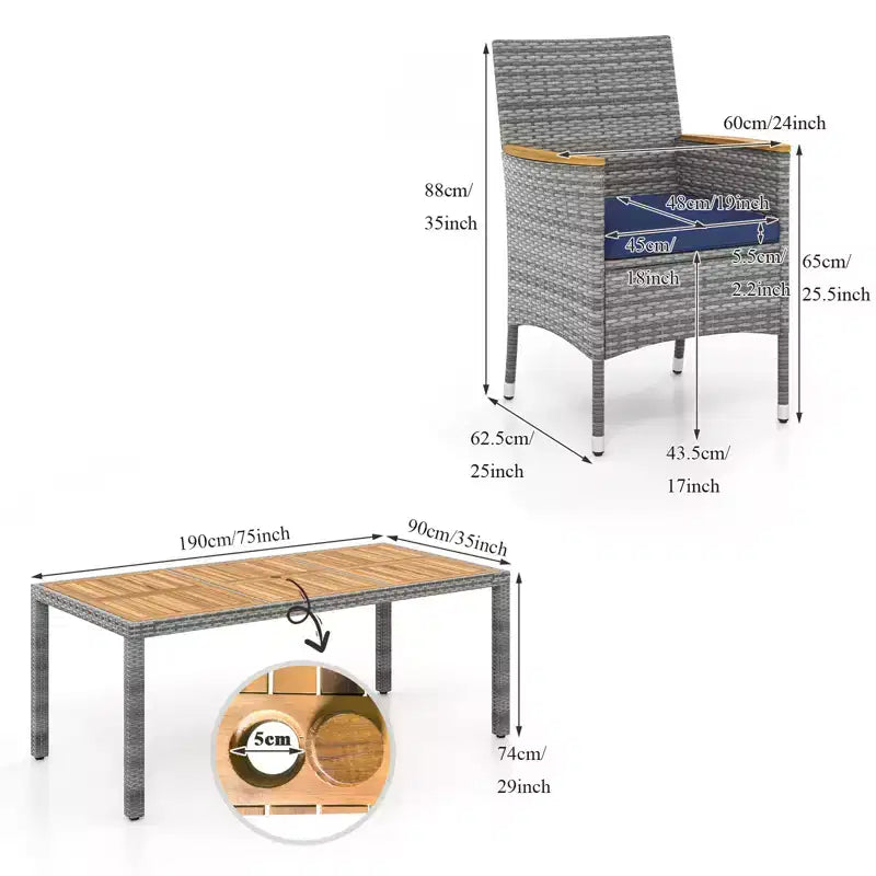 Set da pranzo da esterno Gymax 9 pezzi per 8 persone con sedie e tavolo in PE rattan, con 2 fori per ombrellone per giardino, ponte, patio