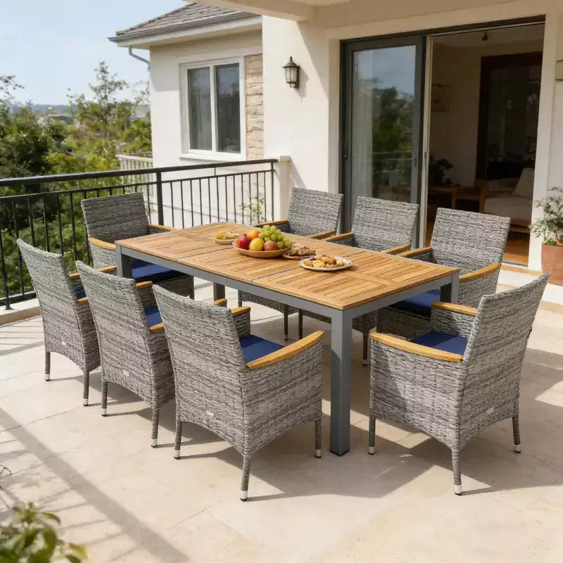 Set da pranzo da esterno Gymax 9 pezzi per 8 persone con sedie e tavolo in PE rattan, con 2 fori per ombrellone per giardino, ponte, patio