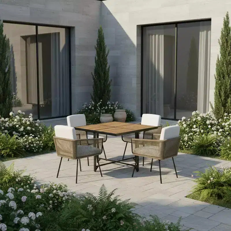 Set da pranzo Gymax 5 pezzi da esterno con tavolo rettangolare in legno di acacia e sedie imbottite per cortile e giardino