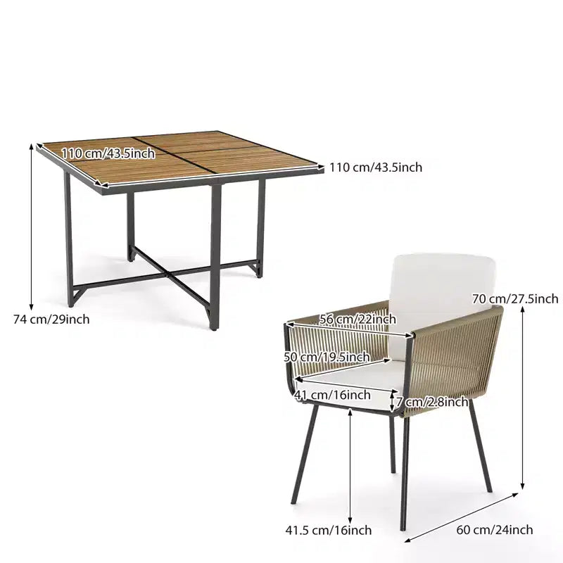 Set da pranzo Gymax 5 pezzi da esterno con tavolo rettangolare in legno di acacia e sedie imbottite per cortile e giardino