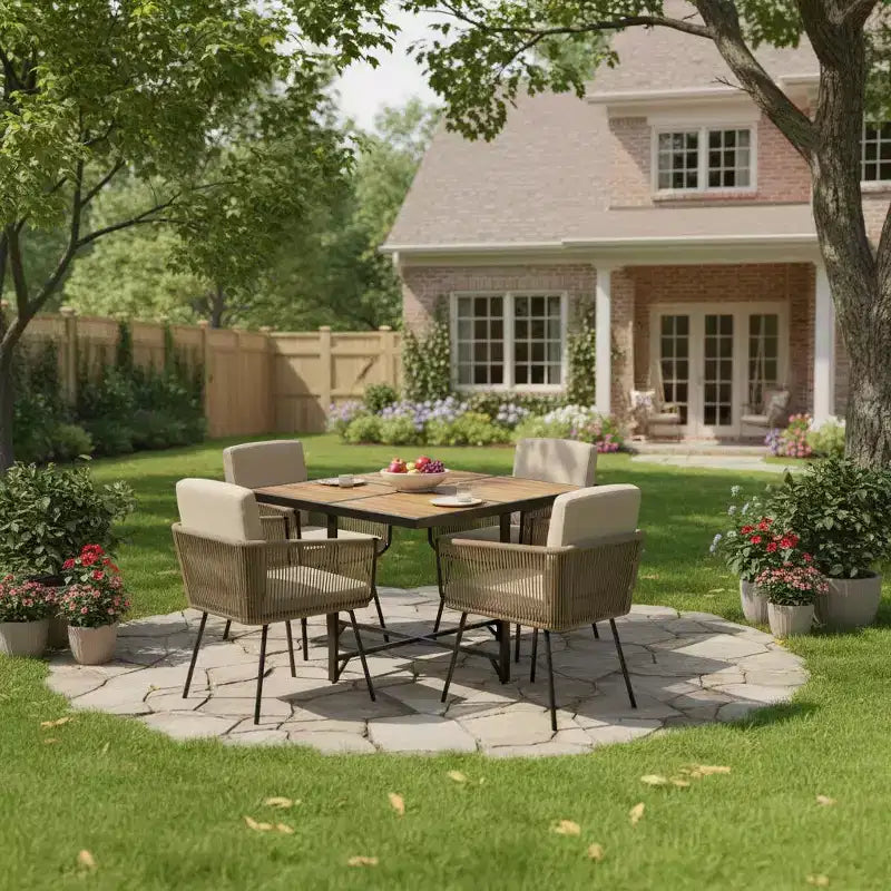 Set da pranzo Gymax 5 pezzi da esterno con tavolo rettangolare in legno di acacia e sedie imbottite per cortile e giardino